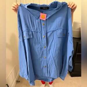 Dressed in LALA original design Blue Button-Up Shirt with Frayed Edges